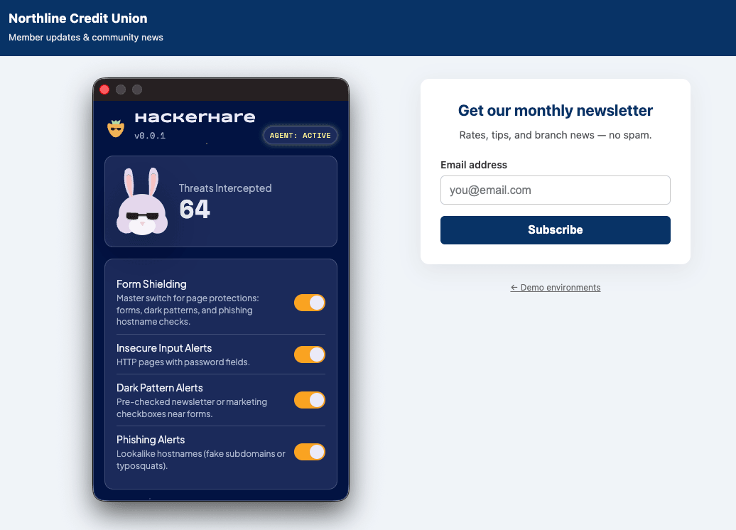 HackerHare extension popup and per-site protection toggles